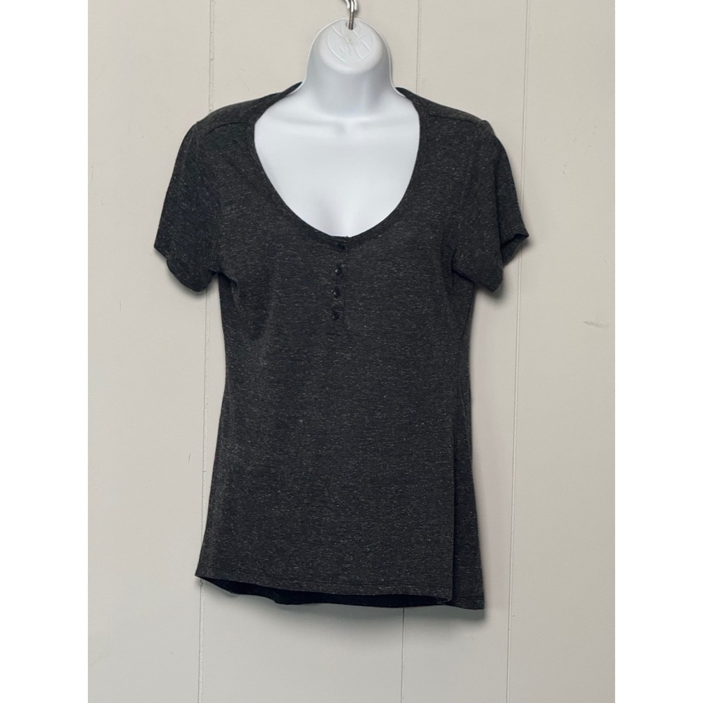 Oakley Women's Charcoal Grey Heathered Henley Short Sleeve Scoop Neck Top Size M